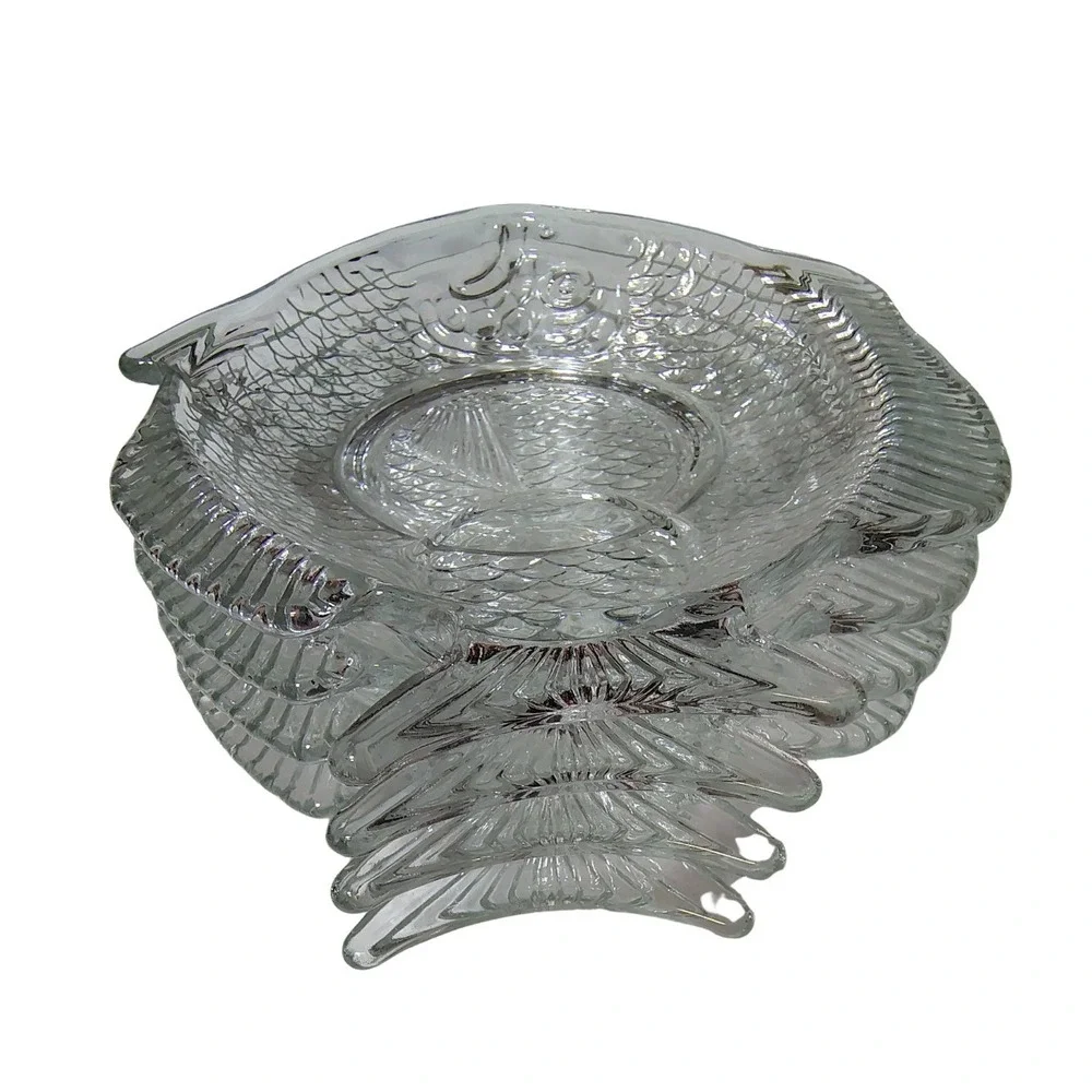 Vintage Clear Glass Fish Shaped Appetizer Plates Set of 4 Embossed Beach House